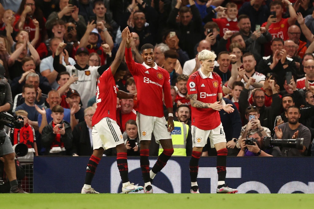 MANCHESTER, ENGLAND - MAY 25: Marcus Rashford of Manchester United celebrates with team mates after scoring the teams fourth goal during the Premier League match between Manchester United and Chelsea FC at Old Trafford on May 25, 2023 in Manchester, England. (Photo by Naomi Baker/Getty Images)