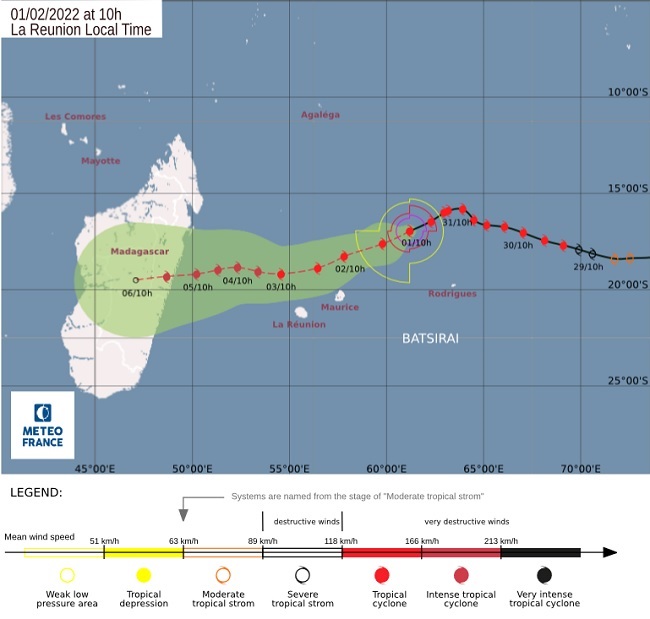 Tropiese sikloon se verwagde beweging in komende dae. Verskaf deur die Suid-Afrikaanse Weerdiens. Bron: Regional Specialised Meteorology Centre (RSMC) La Reunion