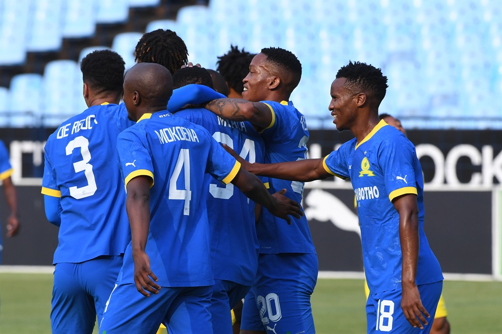 Sundowns celebrate during the CAF Champions League 2nd preliminary round, leg 1 match between La Passe FC and Mamelodi Sundowns at Loftus Versfeld Stadium on October 09, 2022 in Pretoria, South Africa. (Photo by Lee Warren/Gallo Images)