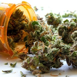 Medical marijuana being poured out of a prescription bottle from Shutterstock.