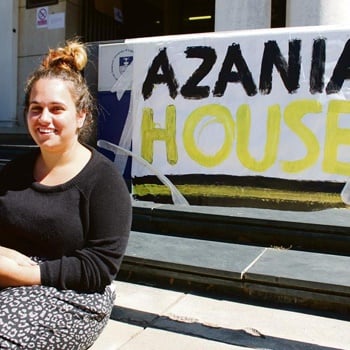 oneAlex Hotz, a postgraduate student at UCT, outside the entrance of the Bremner Building this week, which students protesters occupied and renamed Azania House. Picture: Yazeed ­Kamaldien