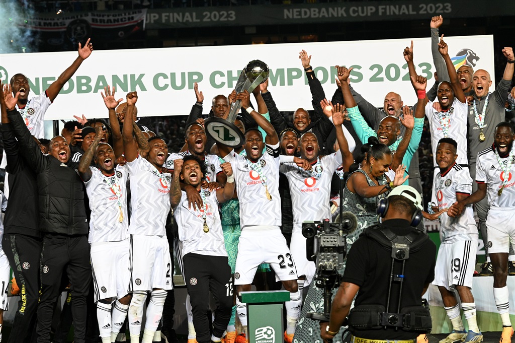 PRETORIA, SOUTH AFRICA - MAY 27: Pirates celebrate during the Nedbank Cup final match between Orlando Pirates and Sekhukhune United at Loftus Versfeld Stadium on May 27, 2023 in Pretoria, South Africa. (Photo by Lee Warren/Gallo Images)