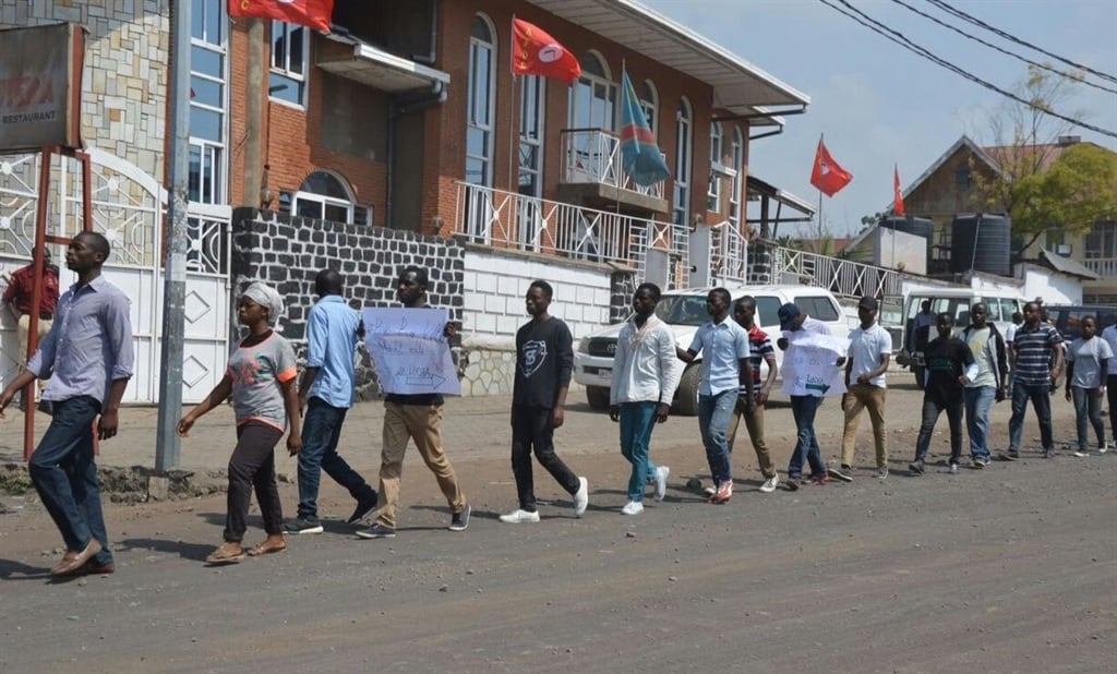 Members of movement called Lucha stage a protest in front of the governor's office after postponing of the general and presidential elections in Goma, Democratic Republic of the Congo on 21 December, 2016.