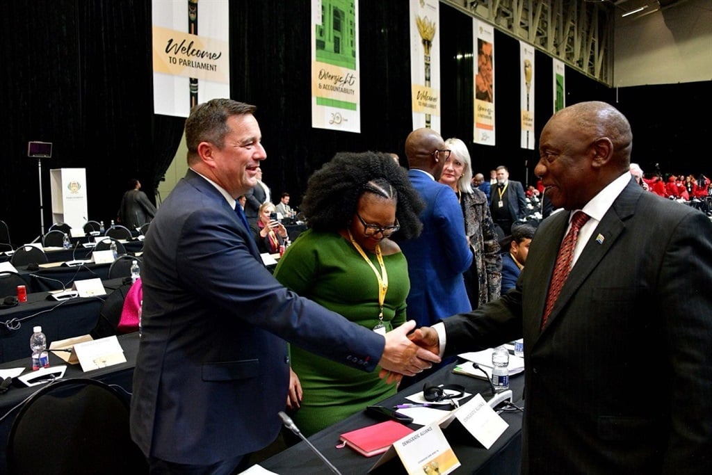 DA leader John Steenhuisen and President Cyril Ramaphosa greet each other at the CTICC in Cape Town. (Supplied/GCIS)