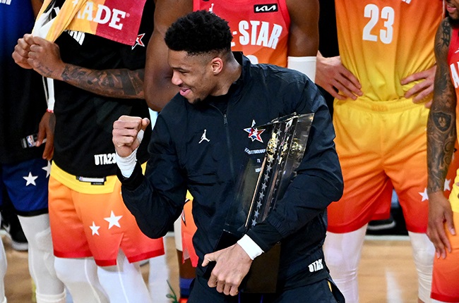 Giannis Antetokounmpo of the Milwaukee Bucks celebrates a win while holding the All Star Game trophy after the 2023 NBA All Star Game between Team Giannis and Team LeBron at Vivint Arena in Salt Lake City, Utah. (Alex Goodlett/Getty Images/AFP (Photo by Alex Goodlett / GETTY IMAGES NORTH AMERICA / Getty Images via AFP)