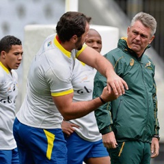Bok coach Heyneke Meyer (right) takes his charges through their paces at a training camp. PHOTO: Chris Ricco / BackpagePix
