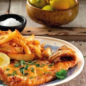 Fish in amasi batter with chips