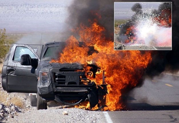 <b>FORD ON FIRE:</b> A Ford Super Duty prototype was spotted on fire while undergoing testing. The vehicle eventually exploded and was reduced to rubble. <i>Image: Automedia</i>