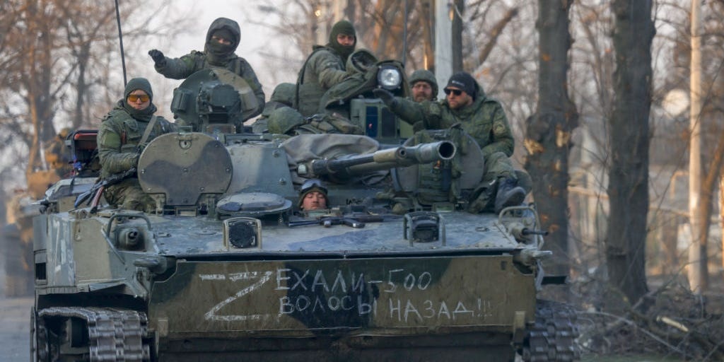 Russian soldiers on a tank in Donetsk, Ukraine on March 26, 2022.
