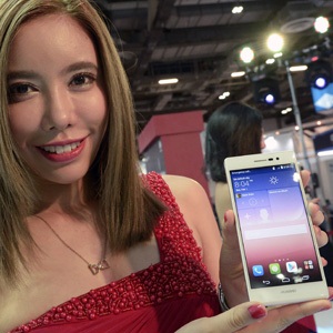 A model displays Huawei's latest smart phone Ascend P7 at the CommunicAsia and BroadcastAsia exhibition in Singapore in June. (Roslan Rahman, AFP)