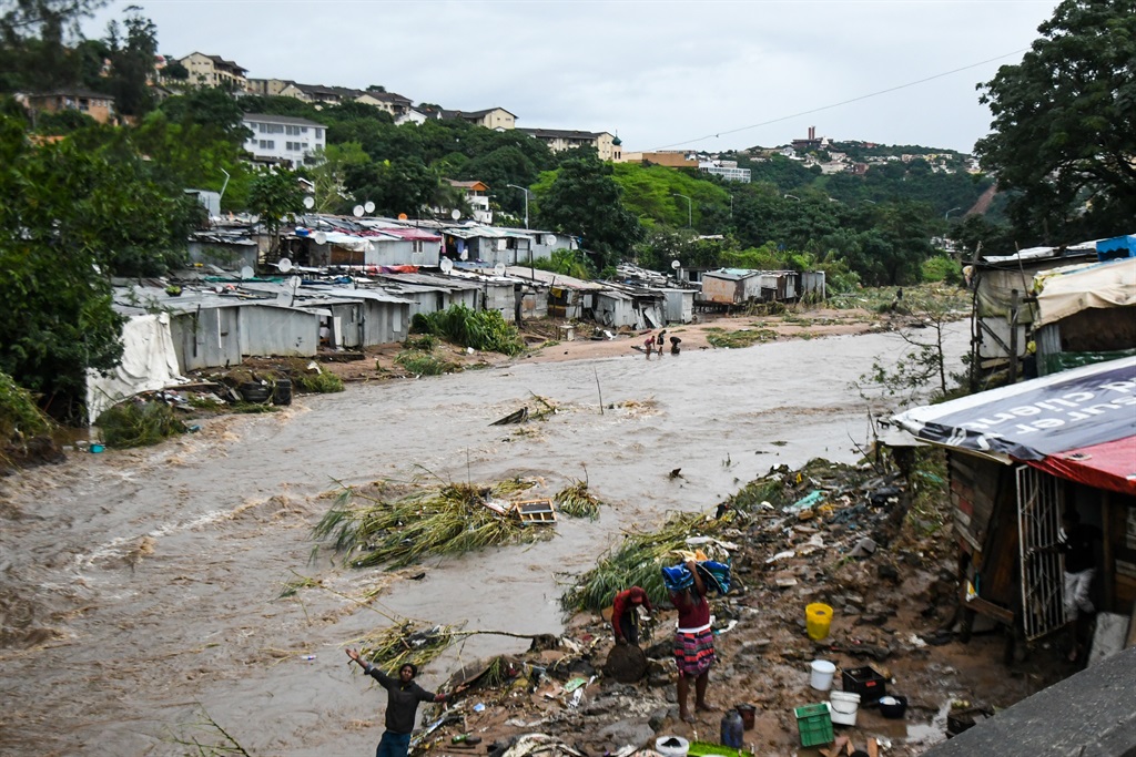 Informal settlement between M19 and Quarry road on April 12, 2022 in Durban, South Africa. Persistent heavy rain in parts of KwaZulu-Natal has resulted in widespread flooding, collapsing roads and death. 