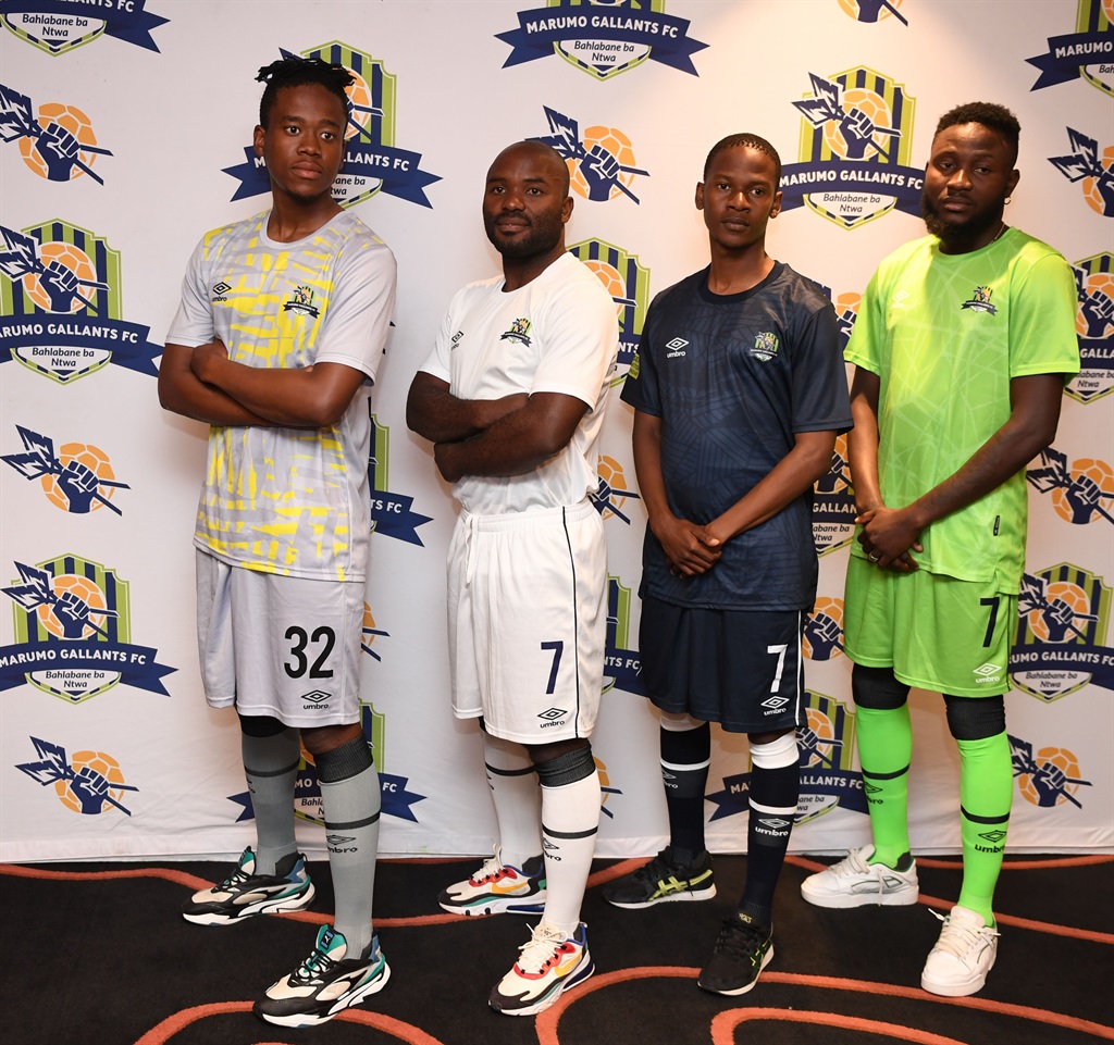 JOHANNESBURG, SOUTH AFRICA - AUGUST 17: Players in their new kit during the Marumo Gallants FC press conference at Hotel Sky on August 17, 2023 in Johannesburg, South Africa. (Photo by Lee Warren/Gallo Images)