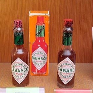 Counterfeit Tabasco hot sauce as displayed in the Museum of Counterfeiting in Paris, France