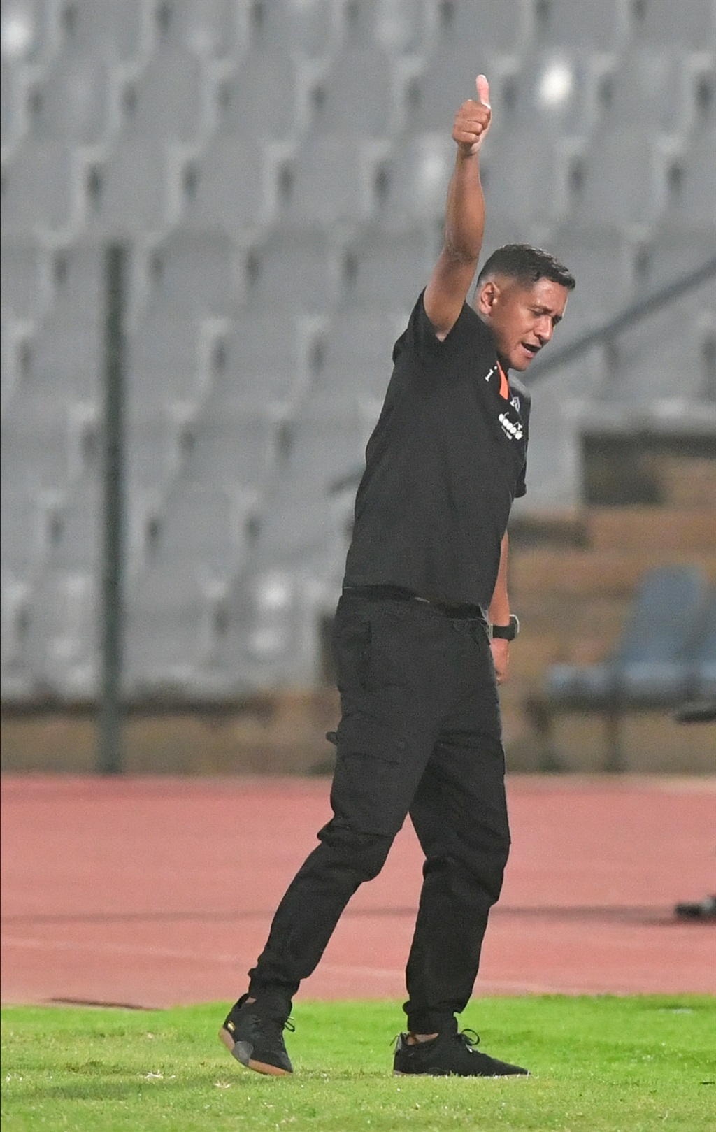 JOHANNESBURG, SOUTH AFRICA - FEBRUARY 20:  Daine Klate (coach) of La Masia during the Nedbank Cup, Last 32 match between NB La Masia and Mamelodi Sundowns at Dobsonville Stadium on February 20, 2024 in Johannesburg, South Africa. (Photo by Sydney Seshibedi/Gallo Images)