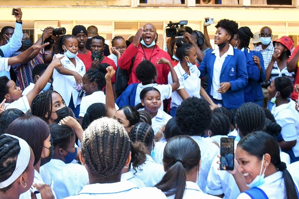 EFF ward councillor Otto Mvumba pictured during KwaZulu-Natal Education MEC Kwazi Mshengu's visit to Grosvenor Girls High School and Ohlange High School in Durban on 1 March 2022.