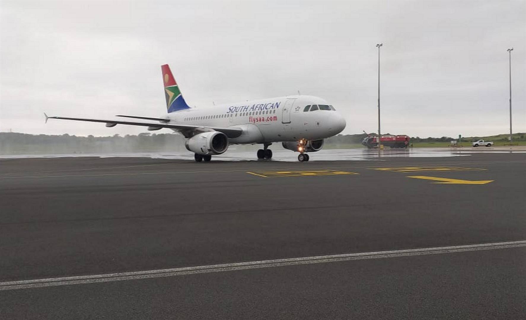 Flight SAA 531 greeted by a water canon salute at the King Shaka International Airport, Durban.PHOTO: SUPPLIED