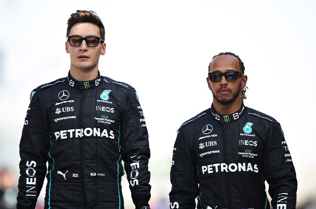 Mercedes-AMG drivers George Russell (left) and Lewis Hamilton