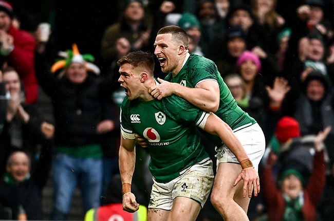 Garry Ringrose of Ireland celebrates with team-mate Andrew Conway. (Photo By David Fitzgerald/Sportsfile via Getty Images)