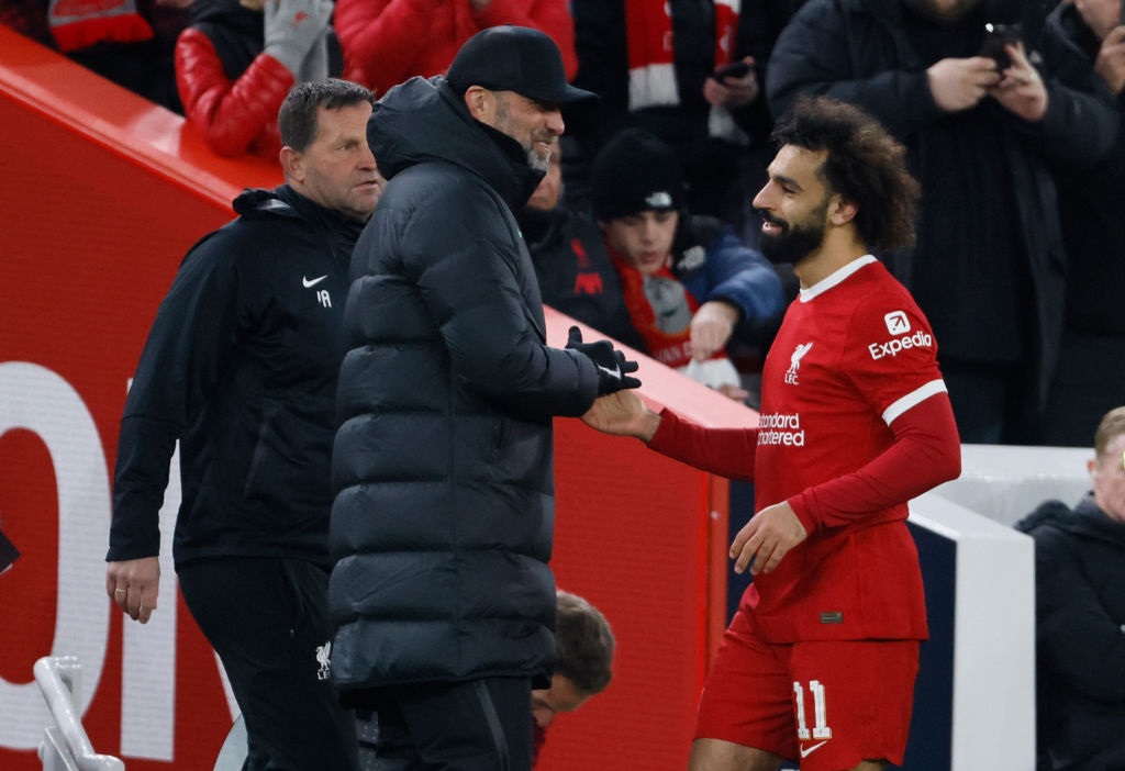 LIVERPOOL, ENGLAND - NOVEMBER 30: Mohamed Salah of Liverpool is substituted by Jurgen Klopp, Manager of Liverpool during the UEFA Europa League 2023/24 match between Liverpool FC and LASK at Anfield on November 30, 2023 in Liverpool, England. (Photo by Richard Sellers/Sportsphoto/Allstar via Getty Images)