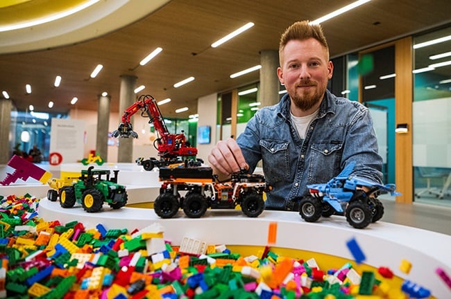 Lego designer Samuel Tacchi from France, 34, shows a few designs at the Lego campus in Billund, Denmark.