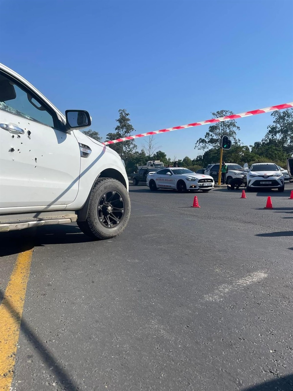 A bakkie riddled with bullets at a crime scene in Ottawa, Verulam. A bakkie riddled with bullets at a crime scene in