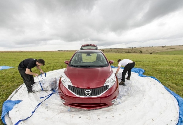 <b>ZORB CAR WRAP:</b>Nissan has created the world's largest working Zorb – complete with its latest family car – the mini-MPV Note and the occupants, all safely cushioned from harm. <i>Image: Nissan</i>