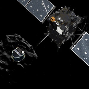 An artist’s impression of the European probe Philae separating from its mother ship Rosetta and descending to the surface of comet 67P/Churyumov-Gerasimenko. (ESA/ATG Medialab, AFP)