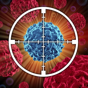 Treatment for cancer cells spreading and growing as malignant cells in a human body, showing a target aiming at the cancerous cell.