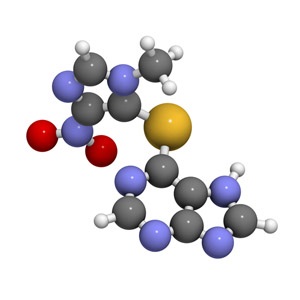 The chemical structure of Azathioprine immunosuppressive drug. Used to prevent transplant rejection.