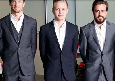 <b>MCLAREN'S 2015 TRIO:</b> Jenson Button (left) will be paired with Fernando Alonso (right) at McLaren in 2015. Kevin Magnussen will be team test and reserve driver. <i>Image: McLaren</i>
