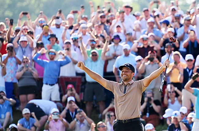 American golfer Xander Schauffele celebrates winning the 2024 PGA Championship. (Ross Kinnaird/Getty Images)