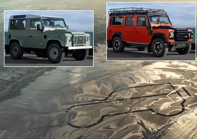 <b>EPIC DEFENDER TRIBUTE:</b> Land Rover is giving its Defender a great send-off with a giant 1km beach drawing in the UK. New Heritage (top left) and Adventure limited editions will arrive in SA in 2015. <i>Image: Land Rover</i>