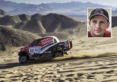 <b>THE GIANT SLALOM:</b> The last bit of the run to Copiapo is down a giant dune, the highest of the Dakar, and Leeroy Poulter (above) was stuck twice. <i>Image: Toyota SA / Marc Bow</i>