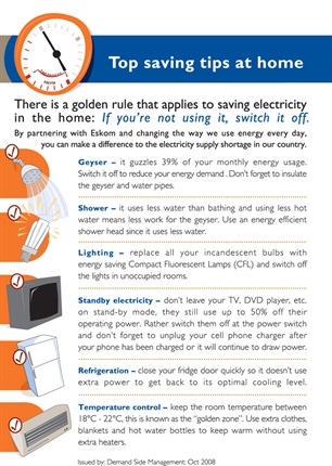 <p>Some energy savings tips:</p><p>(<em>Source: Eskom website</em>)</p><p></p>