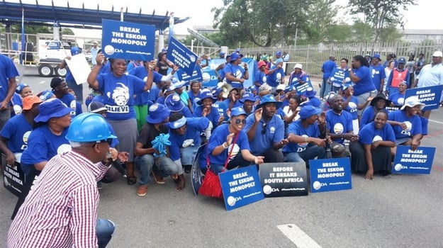 The DA is protesting outside the Eskom headquarters. (Photo: Gareth van Zyl)