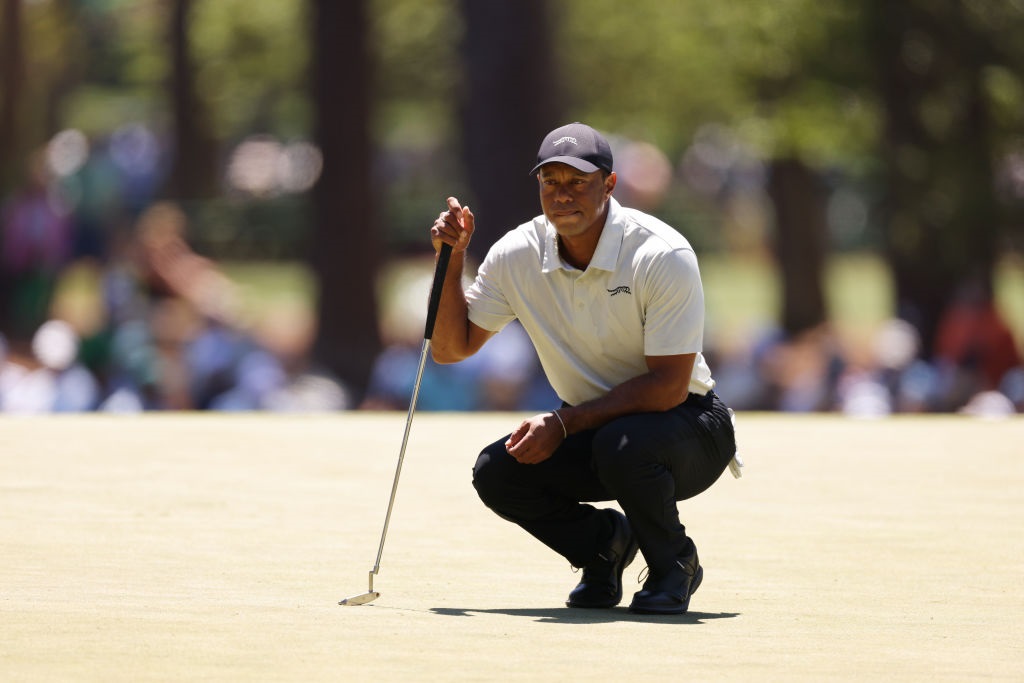 Tiger Woods lines up a putt on the third green during the third round of the 2024 Masters Tournament at Augusta National Golf Club on 13 April 2024 in Augusta, Georgia. (Jamie Squire/Getty Images)