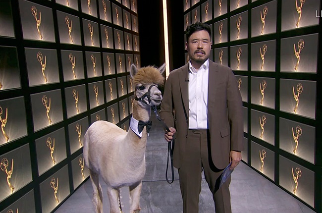 Randall Park walking with an alpaca during the 72n