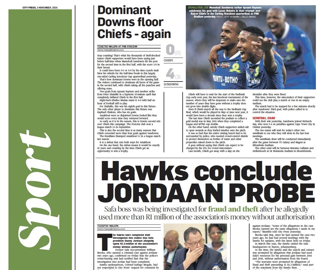 Citypress | What's in City Press Sport | Hawks conclude Jordaan probe, Walaza deserves international award