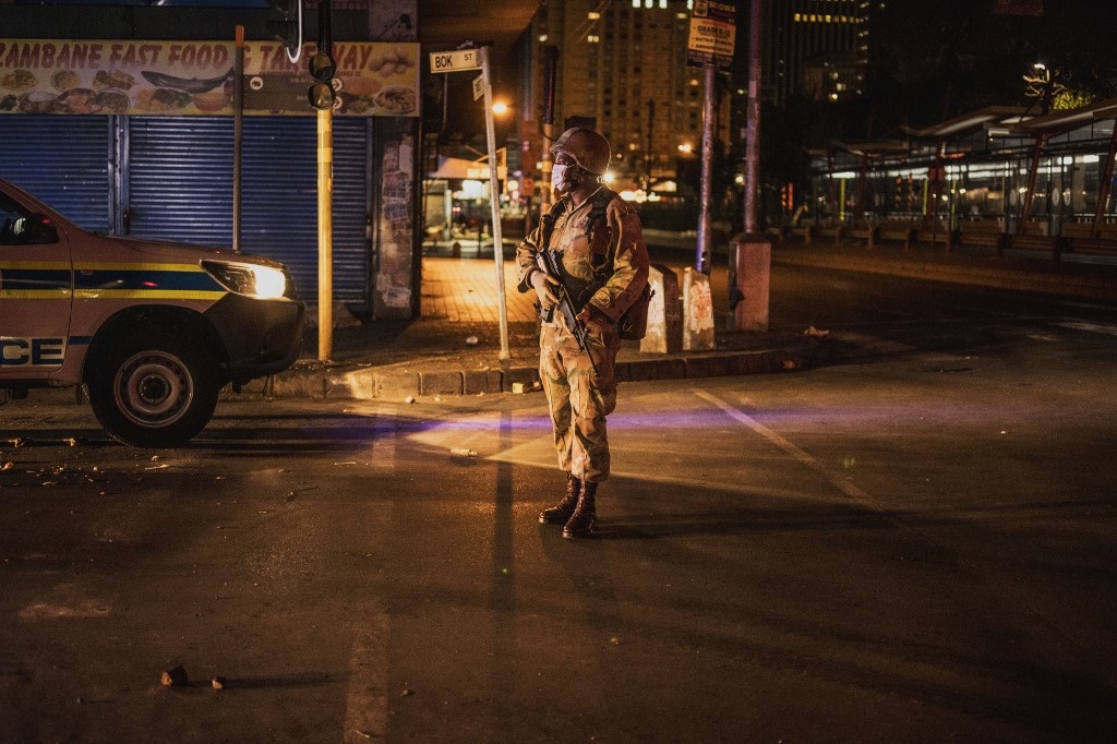 A soldier of the South African National Defence Force (SANDF) is seen during a patrol in the Johannesburg CBD.