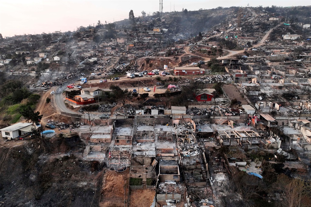 Aerial view of the aftermath of a wildfire in Villa Independencia, Valparaiso region in Chile.