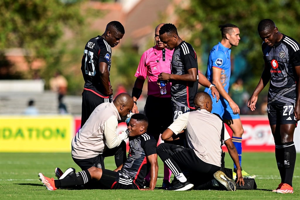 Thabiso Lebitso of Orlando Pirates injured during the DStv Premiership match between Royal AM and Orlando Pirates at Harry Gwala Stadium on April 28, 2024 in Pietermaritzburg, South Africa. 