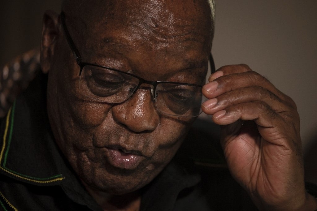 Former South African president Jacob Zuma addresses the media in his home in Nkandla, KwaZulu-Natal.