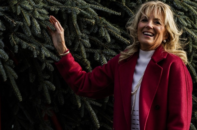 America’s first lady Jill Biden with the 
official White House Christmas tree that was delivered last month. (PHOTO: Gallo Images/Getty Images)