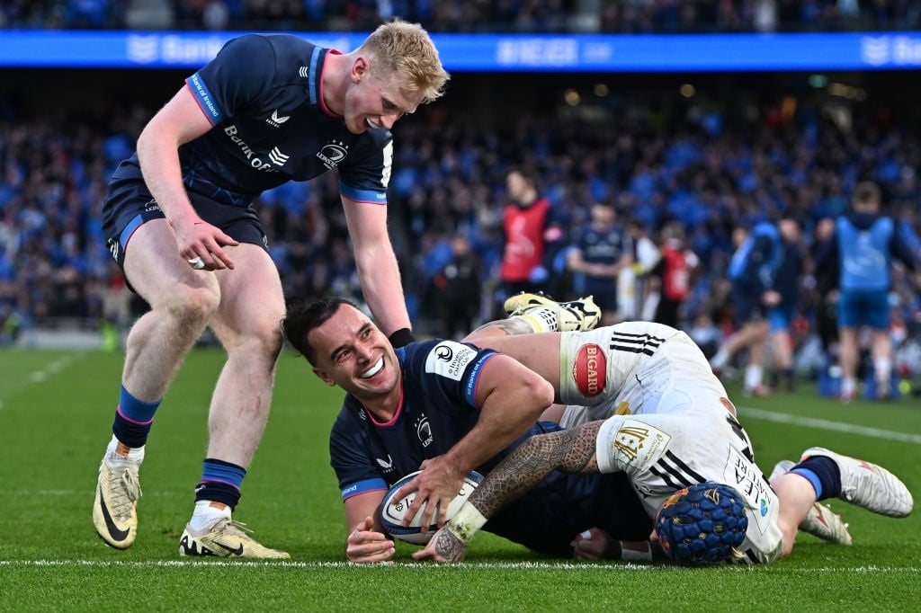 James Lowe of Leinster Rugby scores his team's fourth try during the Investec Champions Cup quarter-final against Stade Rochelais at Aviva Stadium on 13 April 2024 in Dublin, Ireland. (Charles McQuillan/Getty Images)  