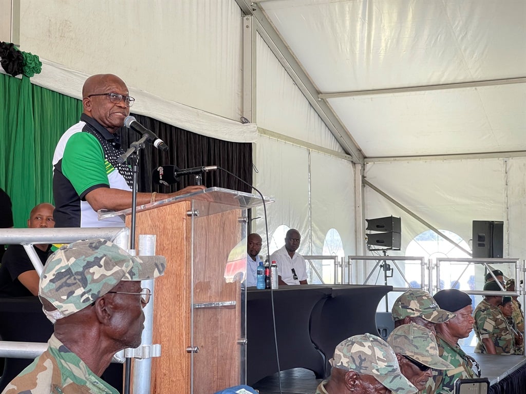 Former president Jacob Zuma speaks in Mkhondo at an MK Party rally.