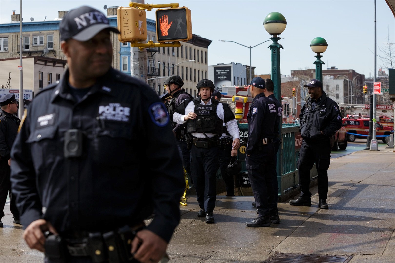 A police officer exits a subway station in New York city following a shooting on April 12, 2022. Anna Watts for Insider