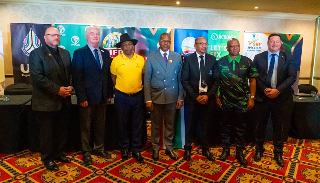 Leaders of the seven political parties who are behind the Multi-Party Charter at a conference in Joburg earlier this week. Photo by Ditiro Selepe/News24
