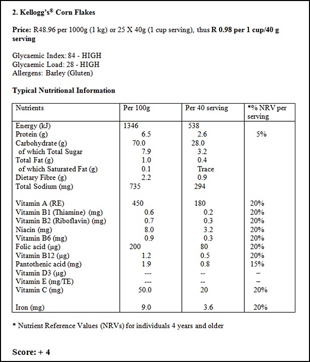  Nutritional values table for Kellogg's Corn Flake