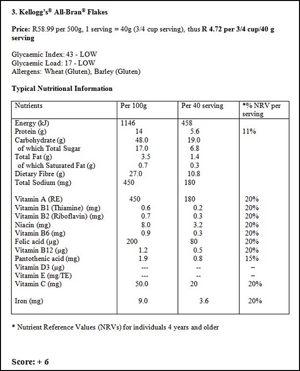  Nutritional values table for Kellogg's All Bran