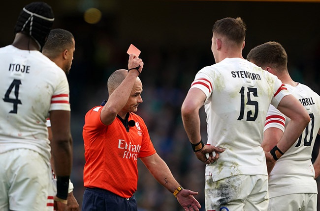 England's Freddie Steward is shown a red card by referee Jaco Peyper. (Photo by Brian Lawless/PA Images via Getty Images)